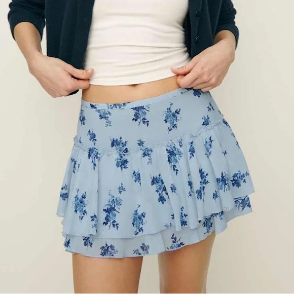 Reformation Adina Low Waist Ruffle Tiered Floral Skirt Size 8 Crystalline Blue